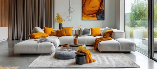 Sleek and Minimalist Lounge with Vibrant Pops of Yellow Accents