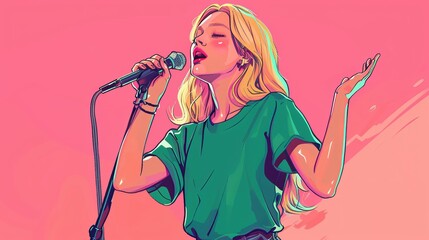 Blonde female singer performing with microphone on pink background, woman in green t-shirt singing at event
