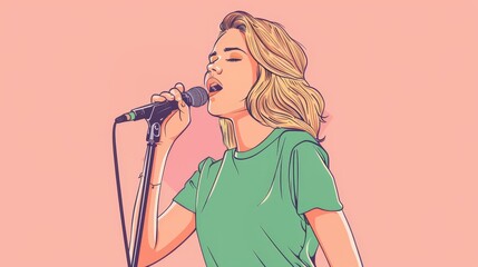 Blonde woman singing with microphone on pink background, music performance concept
