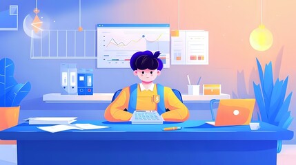 Obraz premium Illustration of Financial Manager Analyzing Data with Charts and Graphs in Modern Office