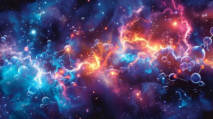 Obraz premium Conceptual vector art of an astrochemistry scene, illustrating the formation of molecules in space with celestial backgrounds and stellar motifs