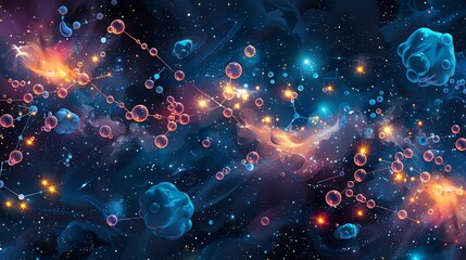 Conceptual vector art of an astrochemistry scene, illustrating the formation of molecules in space with celestial backgrounds and stellar motifs