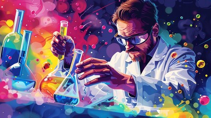 Dynamic vector illustration of a chemist conducting a colorful titration experiment, vibrant liquids dropping into a flask