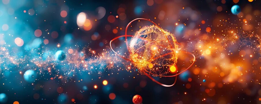 Abstract vector concept of a chemical reaction, illustrating atoms and electrons in a dynamic, swirling motion, eye-catching and educational