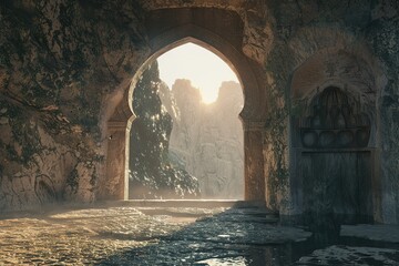 Fantasy landscape of a cave in the mountains, Old Fort, Ai Generated