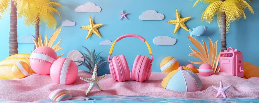 Making a beach playlist flat design side view summer tunes theme 3D render Tetradic color scheme