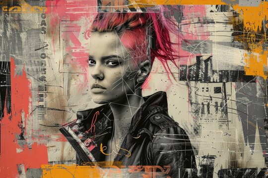 Punk and halftone collage, edgy modern style merging rebellious punk aesthetics with dynamic halftone patterns, a fusion of grit and sophistication in contemporary visual artistry