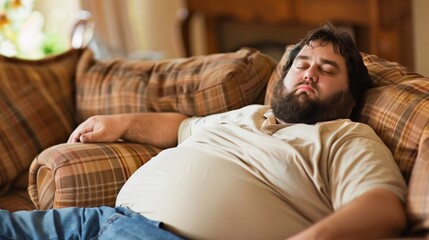 Obraz premium A man laying on a couch with his eyes closed, AI