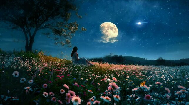 a girl sitting in a flower garden while enjoying the beauty of the full moon. seamless looping time-lapse virtual 4K video Animation Background.