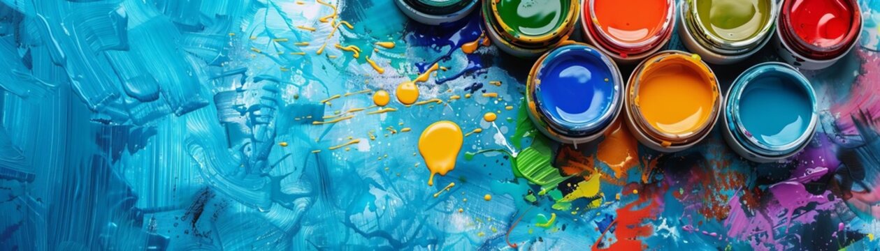 Openair watercolor painting workshop flat design top view artistic expression theme water color Tetradic color scheme