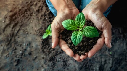 Hands Nurturing Seedling in Rich Soil