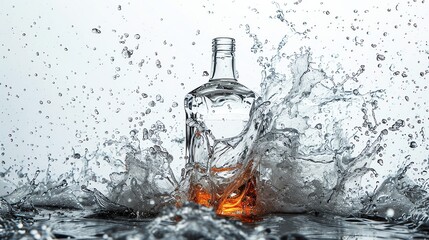 High-speed photography capturing a vodka bottle shattering, with shards and liquid suspended in air, dramatic against white