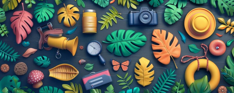 Summerthemed scavenger hunt flat design top view adventure game theme 3D render Tetradic color scheme