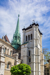Naklejka premium Basilica of Our Lady of Geneva (Basilique Notre-Dame de Geneve, 1857) Roman Catholic church and Minor Basilica located in Geneva, it dedicated to Blessed Virgin Mary. GENEVA, SWITZERLAND.