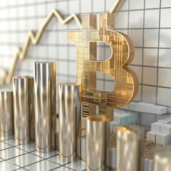 3D golden Bitcoin symbol against a financial chart background.