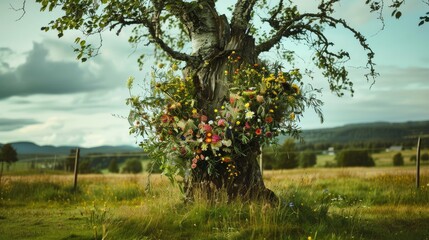 Adorned with a floral wreath the midsummer tree stands proudly in Sweden