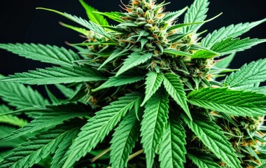 Fototapeta premium Close-up of a cannabis plant against a dark background 