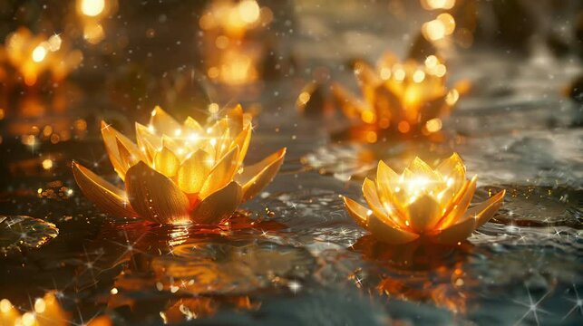 Golden lotus flowers are very beautiful and amazing. seamless looping time-lapse virtual 4K  video Animation Background.