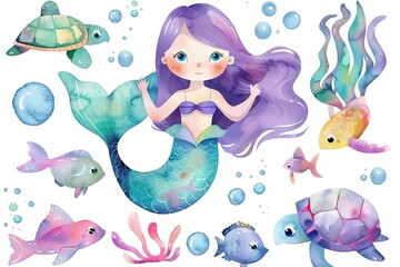Child's Watercolor Painting of a Mermaid Tail on a White Background, Isolated
