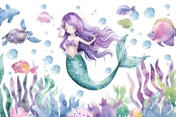 Child's Watercolor Painting Featuring a Mermaid Tail, Displayed on a White Isolated Background