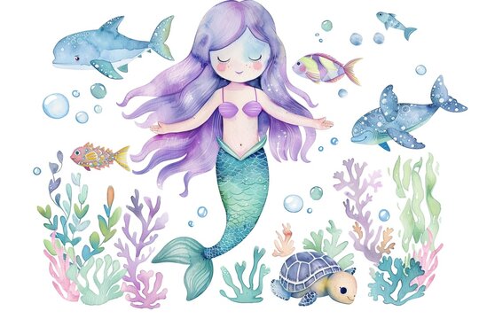 recommend clip art: Child's Watercolor Illustration Depicting a Mermaid Tail, Displayed on a White Background in Isolation