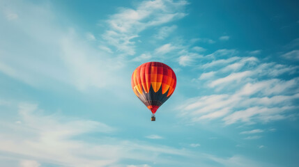 Naklejka premium Hot Air Balloon Soaring in Bright Blue Sky with Ample Copy Space
