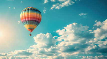 Naklejka premium Colorful Hot Air Balloon Flight Against Vivid Sky with Clouds, With Copy Space for Text