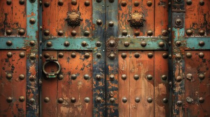 A close up of a rusty door with metal rivets and handles, AI