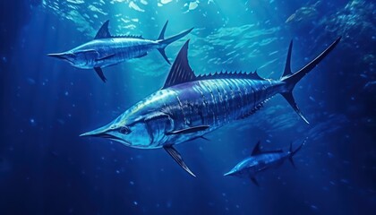 Obraz premium Giant Marlin fish in the ocean, beautiful view of marlin fish in the blue ocean