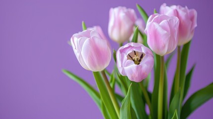 Fototapeta premium Delicate pink tulips bouquet on purple background concept for a celebration with room for text
