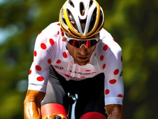 Intense Cycling Competition Scene with a Cyclist in Red Doted Jersey, The King of the Mountain, Tour de France Climber