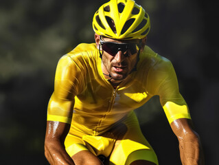 Dynamic Cycling Race Action with Cyclist in Yellow Leader Jersey, Tour de France Competition Winner