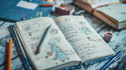 Open notebook with handwritten notes and doodles on desk surrounded by stationery items