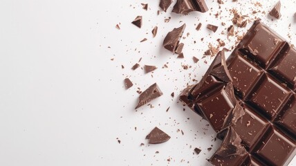 Fototapeta premium Dark chocolate bar broken into pieces on white surface