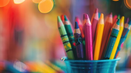 Vibrant colored pencils and crayons in cup with bokeh background