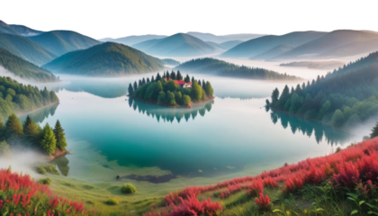 lacu foggy harghita background beauty sunrise europe romania scene lake rosu county misty nature morning concept summer europa duck pond grass green fresh dew path pathway trek fir spruce forest tree
