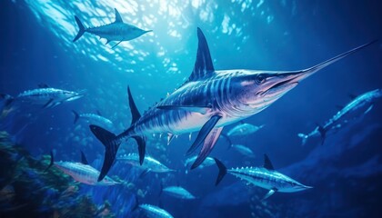 Obraz premium Giant Marlin fish in the ocean, beautiful view of marlin fish in the blue ocean