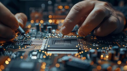 Depict an electrical engineer designing a new circuit board, carefully selecting conductive materials and components to optimize performance