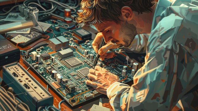 Depict an electrical engineer designing a new circuit board, carefully selecting conductive materials and components to optimize performance