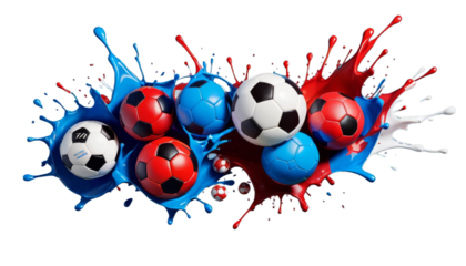background bundle transparent cutout blue red balls different splash paint leather soccer set flying ball football fly isolated cut-out liquid plash sport symbol championship collection colours