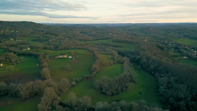 French countryside sunset and golden hour drone flyover