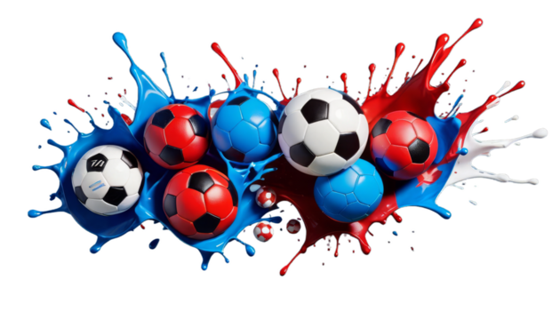background bundle transparent cutout blue red balls different splash paint leather soccer set flying ball football fly isolated cut-out liquid plash sport symbol championship collection colours