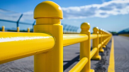 A yellow fence with a blue sky in the background, AI