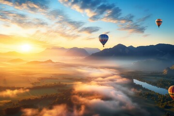 Hot air balloons, sunrise sunrise, mountainous region.