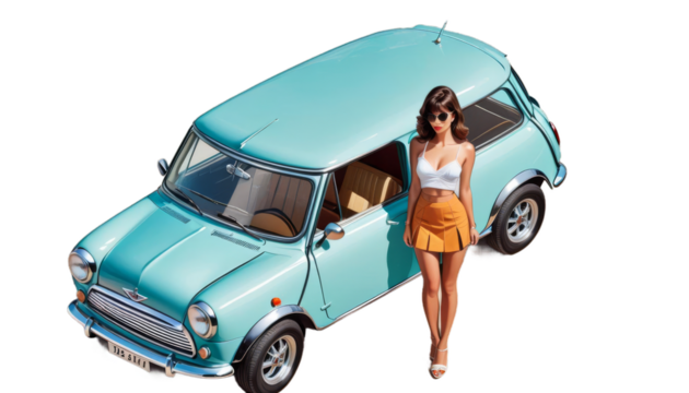 style tropical beautiful next mini car 1960s posing woman illustration sexy poster skirt vintage retro girl happy summer vibe beach sea smile laugh automobile elegance steering wheel joy vacation