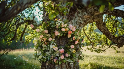 Adorning a midsummer tree in Sweden with a beautiful floral wreath