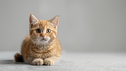 Orange kitten with wide eyes sitting on gray background
