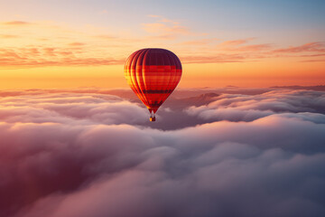 Fototapeta premium Colorful hot air balloon floats over a sea of clouds at sunset