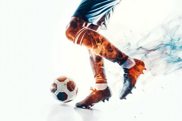 A soccer player dribbles and kicks a ball on a field