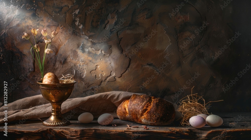 Wall mural Capture the tranquil essence of Easter with a beautiful still life featuring a chalice filled with wine and a loaf of bread - Wall murals